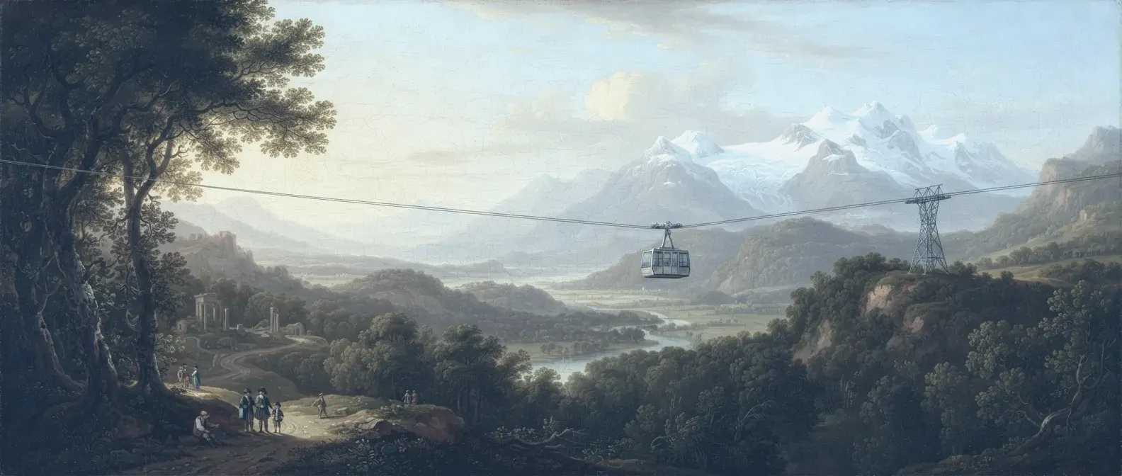 Painted alpine valley in old-master oil, with a modern aerial cableway composited into it: one haul rope ruled across the whole valley, a steel lattice tower on the right-hand ridge and a single gondola hanging mid-span.